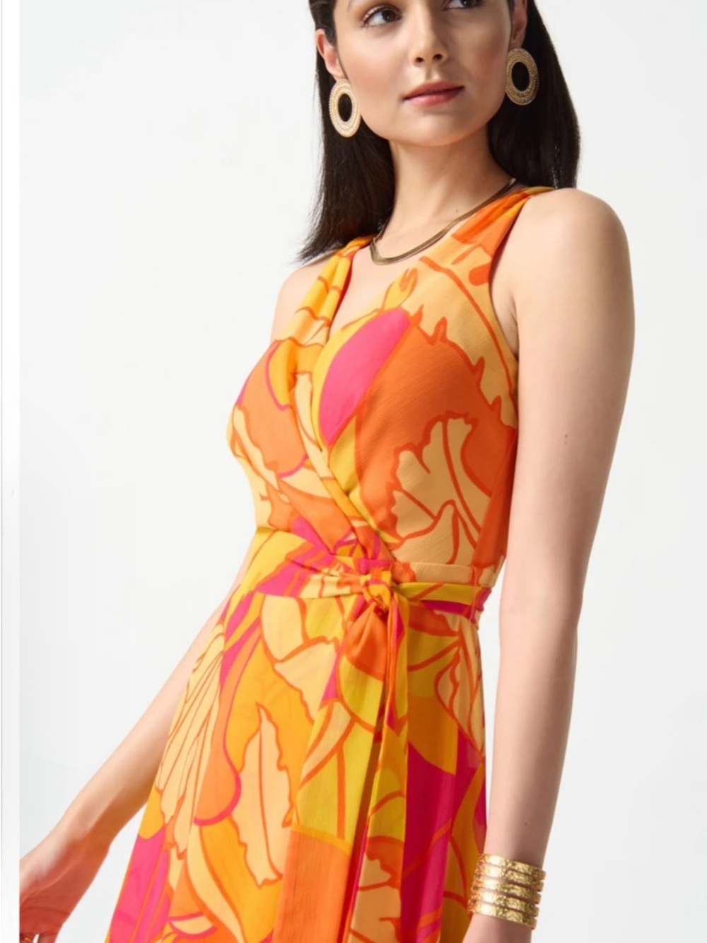 Joseph Ribkoff Tropical Wrap Dress SIZE 6 NWT Orange Pink Floral Summer Resort